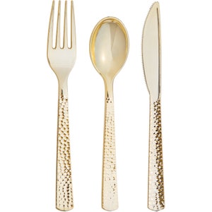 Gold Premium Plastic Hammered Cutlery Service for 8 | Plastic Silverware | Party Utensils | Birthday Party | Disposable Wedding Flatware