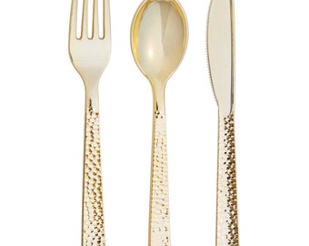 Gold Premium Plastic Hammered Cutlery Service for 8 | Plastic Silverware | Party Utensils | Birthday Party | Disposable Wedding Flatware