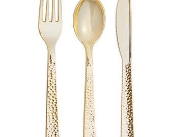 Gold Hammered Plastic Cutlery Set for 8 – Party Utensils for Wedding or Birthday