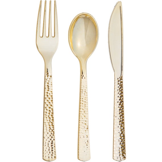 Gold Premium Plastic Hammered Cutlery Service for 8 | Plastic Silverware | Party Utensils | Birthday Party | Disposable Wedding Flatware Il_570xn