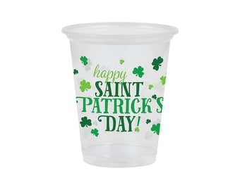 Clear Happy Saint Patrick's Day Disposable Plastic Cups 8ct | St. Patrick's Day Party Decor | Disposable Plastic Cups | To-Go Party Cups