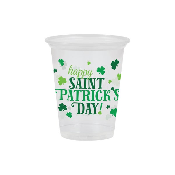 Clear Happy Saint Patrick's Day Disposable Plastic Cups 8ct | St. Patrick's Day Party Decor | Disposable Plastic Cups | To-Go Party Cups