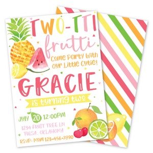 Twotti Frutti Birthday Party Invitation | Girl&#39;s Fruity Birthday Card | Tutti Fruitti Printable Invite | Personalized Digital Invitation