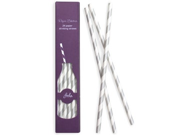 SALE | Paper Straws 24ct | Silver and White Striped Paper Straws | Silver Sundae | High Quality | Retro Straws | Party Supplies