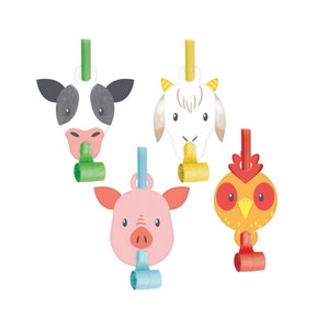 May include: A collection of farm animal-themed party blowers. The set includes a cow, goat, pig, and chicken, each with a colorful rolled paper horn. The cow is black and white, the goat is white, the pig is pink, and the chicken is orange.