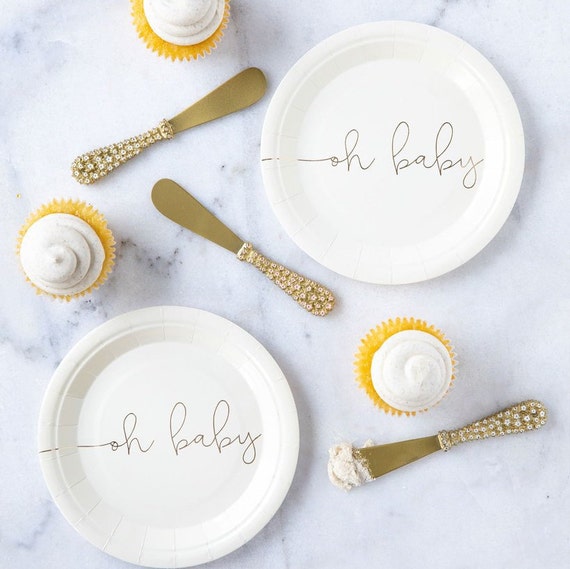Oh Baby Dessert Plates 7" | Gender Reveal Party | Baby Shower | Girl or Boy | Gold Script Baby | Disposable Plates | Pack of 12 Paper Plates Il_570xn