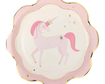 Pink Unicorn Party Plates with Gold Foil (8ct) – Princess or Rainbow Birthday Tableware