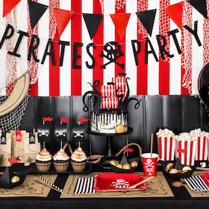 Red Striped Popcorn Boxes 6ct Pirate Birthday Party Circus Party Decor Farm Treat Boxes Superhero Party Favor Bags 4th of July image 3