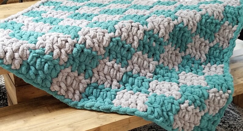 Chenille Crochet Blanket Throw Bernat Blanket Big Checkerboard Stitch Alternating Colors Green Teal Vapor Gray 4 5 Ft X 4 5 Ft
