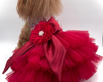 Small Dog Bridesmaid flower girl Wedding dress /Deep Red - Pomme d’amour