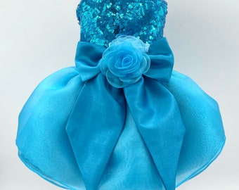 Azure Blue Sequin Bridesmaid Party Dress for small dog - Pomme d’amour