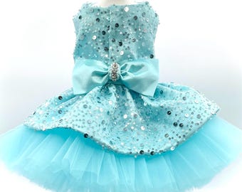 Light Aqua Sequin Dog Dress – Princess Party Tutu, Handmade Small Pet Apparel