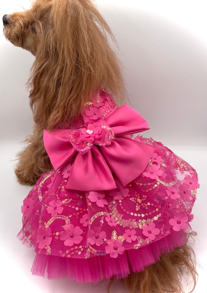 Small Dog Dress Fuchsia Pink 3D tulle lace Party dress - Pomme d’amour bild 4