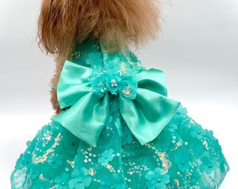 Small Dog Dress Seaform Green 3D tulle lace Party dress - Pomme d’amour