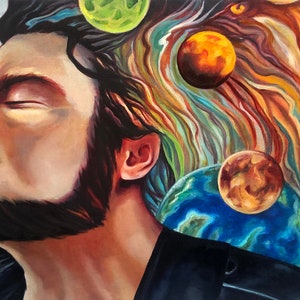 May include: A painting of a man with his eyes closed and his mouth slightly open. His hair is long and dark, and it appears to be swirling with colors and planets. The planets are painted in shades of blue, green, orange, and brown.