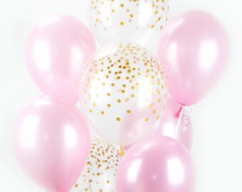 PINK and Gold Balloon Bouquet - Mix of 8 Latex Balloons in Pearl Pink and Confetti-Printed Balloons - Confetti Balloons