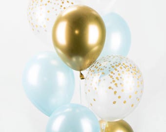 Blue and Gold Chrome Confetti Balloon Bouquet - Mix of 8 Latex Balloons in New Chrome Gold, Pearl Light Blue and Confetti-Printed Balloons