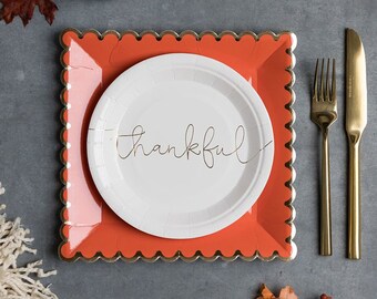 Thanksgiving Script Paper Plates - Thankful and Grateful Cursive Writing Paper Plates - 7" Paper Plates with Gold Cursive - Two Styles