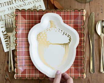 Acorn Thanksgiving Plates | Gold Foil Acorn Dessert Plates | Thanksgiving Plates | Thanksgiving Table Decorations | Friendsgiving | Set of 8