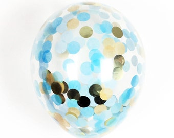 Light Blue and Gold Confetti Balloon - Choose 11, 16, or 36 inch - Light Blue and Gold 1" Circles of Tissue Confetti - Pre-Filled Balloon