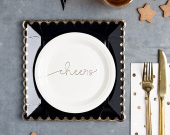 Black Scalloped 9" Paper Plate with Gold Metallic Trim - Black and Gold Paper Dinner Plates - New Years, Anniversary, Birthday  - Set of 12