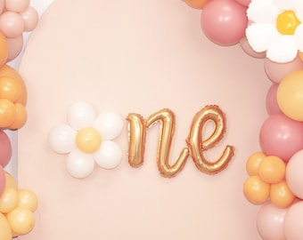 Retro Daisy Daisy ONE Banner | Gold Script Letters with Daisy Flower O | Groovy One Birthday Party Banner| Flower Power