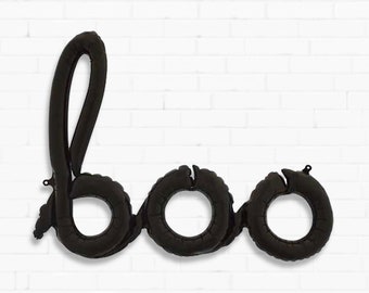May include: Black balloon letters spelling out "boo" for Halloween decorations.