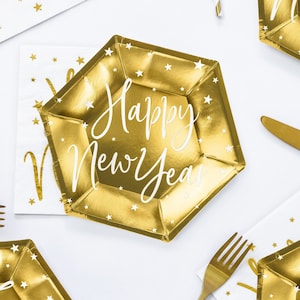 Happy New Year Plates | Gold New Year's Eve Paper Plates | New Years Eve Party Decorations | New Years Eve Dessert Plates | Pack of 6 Plates