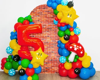 Mario Balloon Garland | Video Game Balloon Arch Birthday Party | Yellow Star and Mushroom Balloon | Primary Colors | Boys Birthday Party