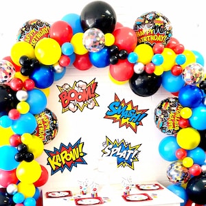 Super Hero Balloon Garland Kit | Super Hero Birthday | Shades of Blues, Red and Yellow and Black | Super Hero Balloon Arch | Handmade in USA