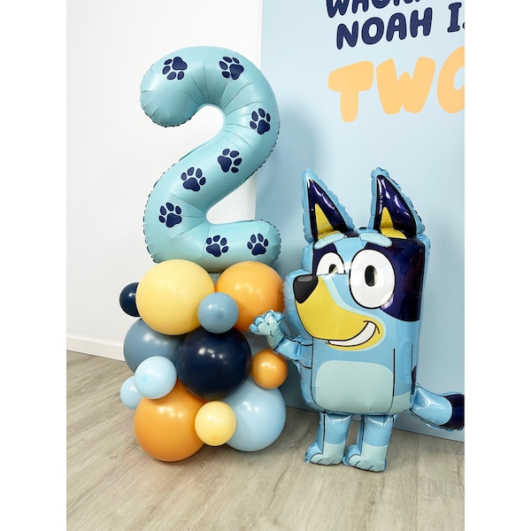 Bluey Number Balloon Tower | Giant 32" Inch Light Blue Balloon Structure with Custom Vinyl Paw Prints | Bluey Birthday Party | Let's Pawty