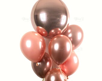 ROSE GOLD Balloon Bouquet - One Rose Gold Metallic Orbz Balloon plus 6 Custom Colored Rose Gold Latex Balloons - Metallic Rose Gold Balloons