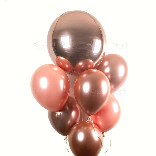 ROSE GOLD Balloon Bouquet - One Rose Gold Metallic Orbz Balloon plus 6 Custom Colored Rose Gold Latex Balloons - Metallic Rose Gold Balloons