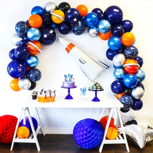 Astronaut Themed Balloon Garland Kit Shades of Blues, Orange and Chrome Silver Astronaut Balloon Arch Space Themed Birthday Party image 1