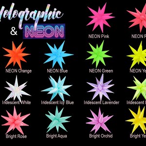 May include: A collection of 12 star-shaped balloons in various neon and iridescent colors. The balloons are labeled with their color names, including NEON Pink, NEON Rose, NEON Orange, NEON Blue, NEON Green, NEON Yellow, Iridescent White, Iridescent Icy Blue, Iridescent Lavender, Iridescent Lemon Lime, Bright Rose, Bright Aqua, Bright Orchid, and Bright Yellow.