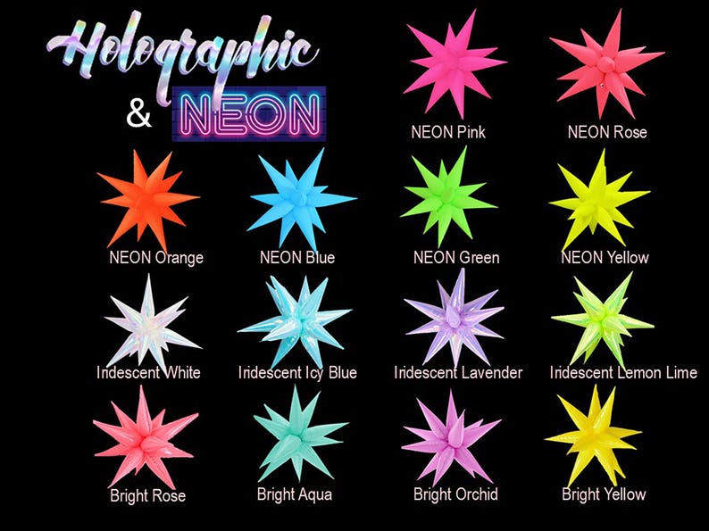 May include: A collection of 12 star-shaped balloons in various neon and iridescent colors. The balloons are labeled with their color names, including NEON Pink, NEON Rose, NEON Orange, NEON Blue, NEON Green, NEON Yellow, Iridescent White, Iridescent Icy Blue, Iridescent Lavender, Iridescent Lemon Lime, Bright Rose, Bright Aqua, Bright Orchid, and Bright Yellow.