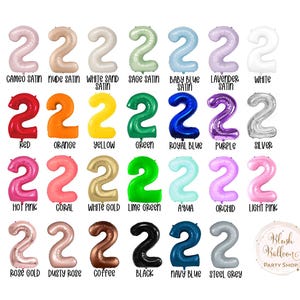 May include: A chart of 20 different colored number two balloons. The balloons are arranged in four rows of five balloons each. The colors include red, orange, yellow, green, blue, purple, silver, hot pink, coral, white gold, lime green, aqua, orchid, light pink, rose gold, dusty rose, coffee, black, navy blue, and steel grey.