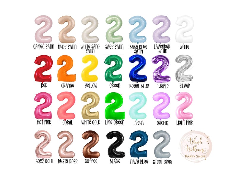 May include: A chart of 20 different colored number two balloons. The balloons are arranged in four rows of five balloons each. The colors include red, orange, yellow, green, blue, purple, silver, hot pink, coral, white gold, lime green, aqua, orchid, light pink, rose gold, dusty rose, coffee, black, navy blue, and steel grey.