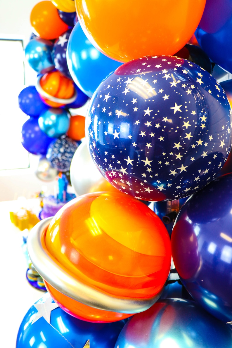 Astronaut Themed Balloon Garland Kit Shades of Blues, Orange and Chrome Silver Astronaut Balloon Arch Space Themed Birthday Party image 3