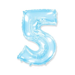 May include: A light blue foil balloon in the shape of the number 5. The balloon is inflated and has a shiny, metallic appearance. The number is displayed against a white background.