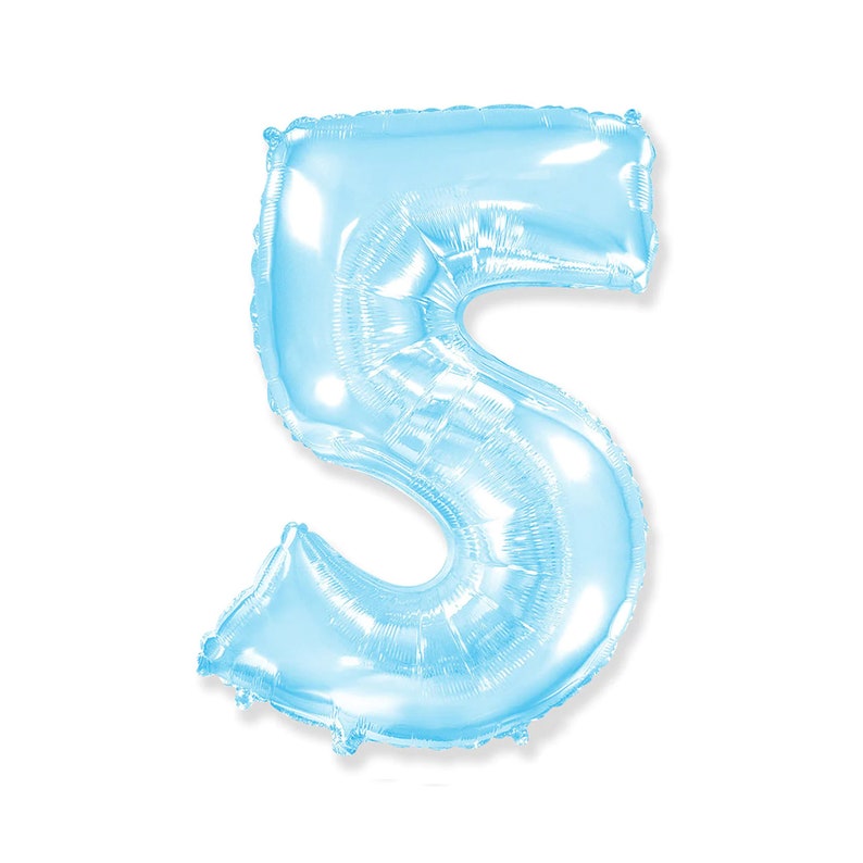 May include: A light blue foil balloon in the shape of the number 5. The balloon is inflated and has a shiny, metallic appearance. The number is displayed against a white background.