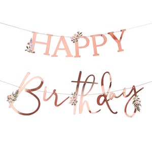 Botanical Happy Birthday Banner | Metallic Rose Gold Birthday Banner | Botanic Birthday Party Decor