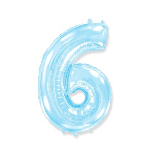 May include: A light blue number 6 foil balloon. The balloon is inflated and has a shiny, metallic finish. The number is in a rounded, sans-serif font, perfect for a birthday or anniversary celebration.