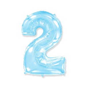 May include: A light blue number two balloon, perfect for a birthday or anniversary celebration. The balloon is inflated and has a shiny, metallic finish. The number is large and easy to read, making it a great decoration for any party.
