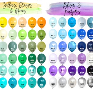 Puede incluir: Un gr&aacute;fico de 120 globos de diferentes colores con n&uacute;meros y nombres correspondientes. Los globos est&aacute;n dispuestos en filas de 12, con cada fila representando una familia de colores diferente. Las familias de colores son: Amarillos, Naranjas y Verdes; Azules y Morados.