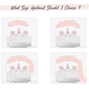 May include: A guide to choosing the right size balloon garland for a party or event. The image shows four different sizes of balloon garlands, ranging from 5 feet to 15 feet, displayed above a white dresser with a chevron pattern. The text "What Size Garland Should I Choose?" is at the top of the image.