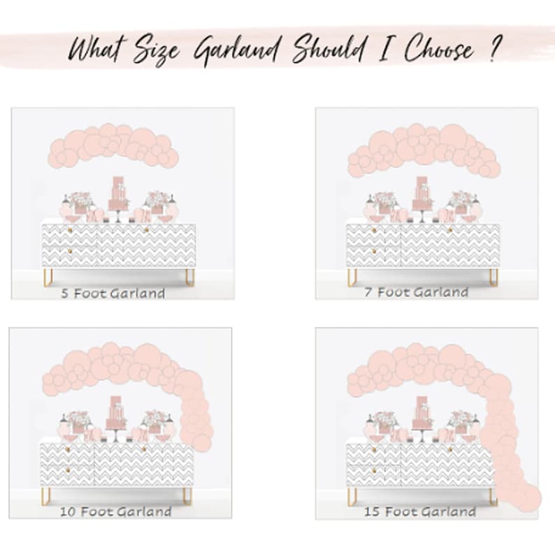 May include: A guide to choosing the right size balloon garland for a party or event. The image shows four different sizes of balloon garlands, ranging from 5 feet to 15 feet, displayed above a white dresser with a chevron pattern. The text "What Size Garland Should I Choose?" is at the top of the image.
