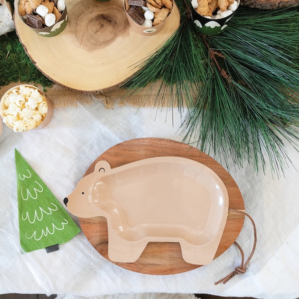 Brown Bear Camping Plates | Bear Shaped Dessert Plates | Happy Camper Birthday Party | Outdoor Adventure Party Decorations | Pack of 8