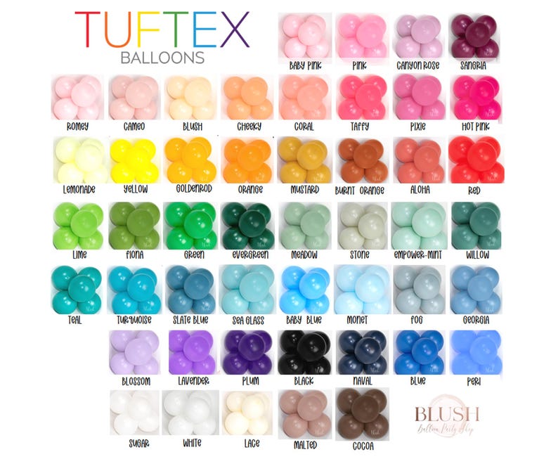 May include: A chart of 48 different colors of balloons, each color is labeled with a name. The balloons are arranged in rows of six, with the names of the colors listed below each row. The chart is titled "TUFTEX BALLOONS".