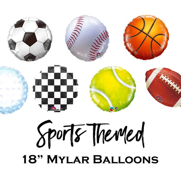 Sports Themed Balloons | 18 in Mylar Balloons | Football Soccer Baseball Basketball Tennis Golf | Air or Helium Fill | Sports Birthday Party